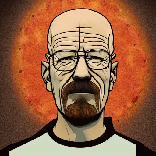 Image similar to walter white wearing a pizza suit, unreal, render, splash, award winning illustration