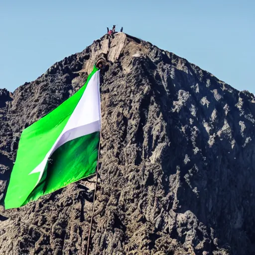 Prompt: A flag of Pakistan on a mountain peak
