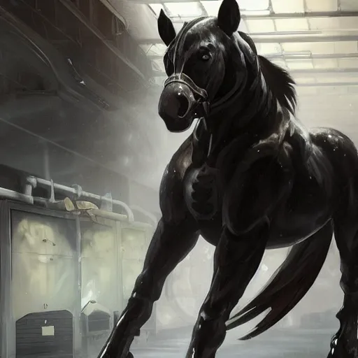 Prompt: splash art of a black - coated anthropomorphic horse supersoldier with gargantuan muscles in a research facility wearing a combat kevlar outfit, long white mane, highly detailed, furry, furaffinity, digital painting, artstation, smooth, sharp focus, illustration, art by artgerm, greg rutkowski, alphonse mucha, wlop