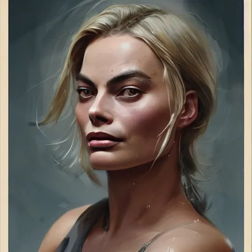 Image similar to “Portrait of Margot Robbie by Greg Rutkowski, young, attractive, highly detailed portrait, scifi, digital painting, artstation, concept art, smooth, sharp foccus ilustration, Artstation HQ”