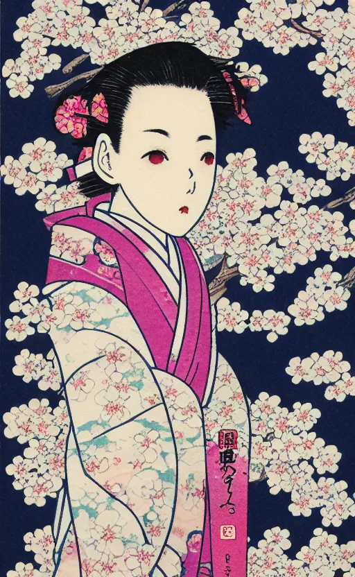 Prompt: by akio watanabe, manga art, blossoming sakura petals and white sky, trading card front, kimono, sun in the background