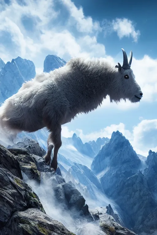 Prompt: a hyper detailed photo of a ethereal mountain goat guiding you across a summit of a beautiful mountain range, above the clouds, photorealistic, unreal engine 5, 8 k post production, cinematographic, ray tracing, v - ray, octane render, go pro, wlop, artstation trending, concept art