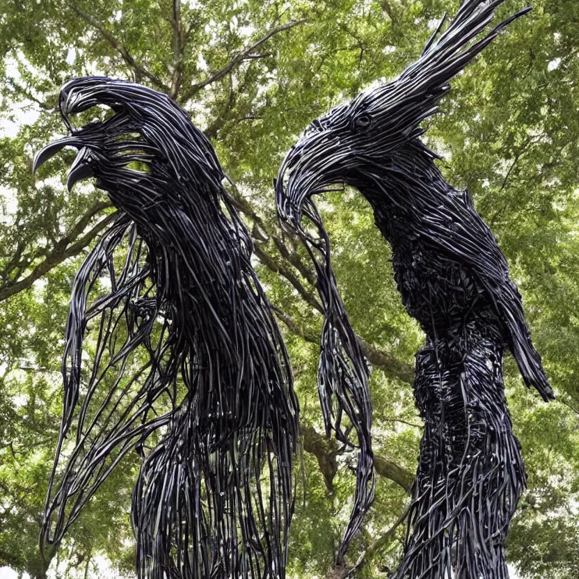 Prompt: imposing scary intricate raven outdoor sculpture made of oily cords