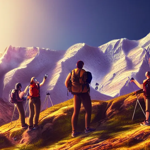 Image similar to close up photo of team in Armenia hiking at a weekend and posing with mountains on the background, elegant, highly detailed, digital painting, volumetric light, artstation, concept art, smooth, sharp focus, illustration