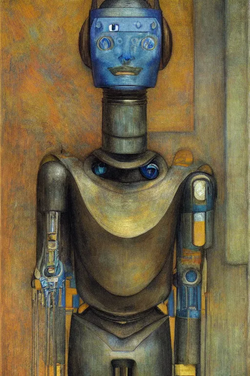 Prompt: the robot wearing his electric crown stands by the window , by Annie Swynnerton and Diego Rivera and Elihu Vedder, symbolist, dramatic lighting, elaborate geometric ornament, Art Brut, soft blues and greens,smooth, sharp focus, extremely detailed, Adolf Wölfli and Evelyn De Morgan