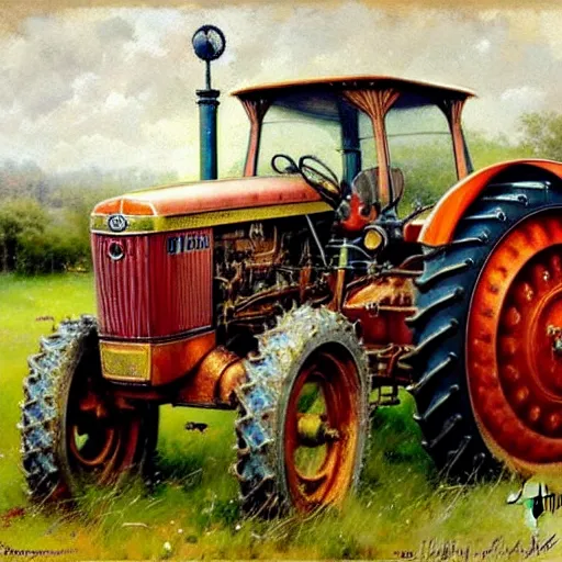 Image similar to ( ( ( ( ( royal farm tractor, oranted with gold and jewels. muted colors. ) ) ) ) ) high resolution, high quality, by jean - baptiste monge!!!!!!!!!!!!!!!!!!!!!!!!!!!