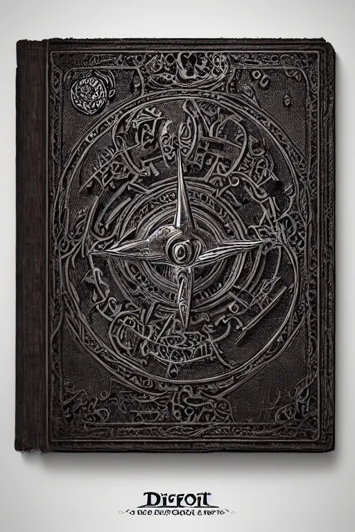 Image similar to an ancient ornate intricate old tome spell book satanic poetry with the sigil symbol of diablo emblazoned on the cover, cinematic, realistic, intricate detail, finely detailed, small details, extra detail, photorealistic, high resolution, 3 d, pbr, path tracing, volumetric lighting, octane render, arnold render, 8 k