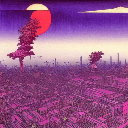 Prompt: purple cyberpunk city, by Hokusai and Beksinski