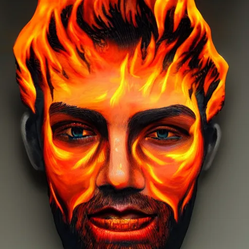 Prompt: image with male face made of fire, artistic drawing, made entirely from painted flames, made entirely from painted flames, made entirely from painted flames, made entirely from painted flames, made entirely from painted flames, trending on Artstation