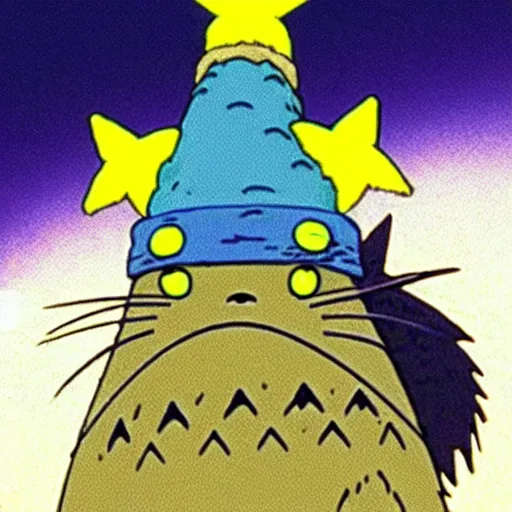 Prompt: a wizard wearing a blue wizard hat with yellow stars on it, from my neighbor totoro ( 1 9 9 3 ) by studio ghibli