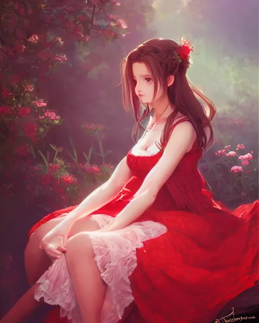 Image similar to aerith gainsborough in red lace skirt, portrait, illustration, rim light, top light, perfectly shaded, spring time, slight overcat lighting, soft painting, art by krenz cushart and wenjun lin