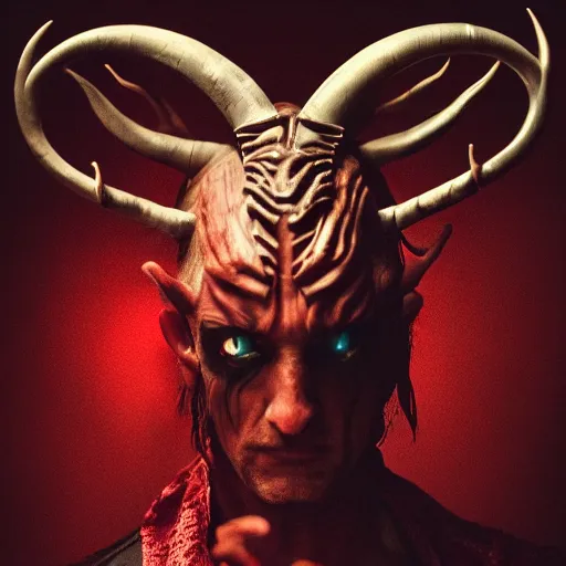 Image similar to portrait of the dark lord with horns, consumed by the dark powers, red eyes, wearing a robes, highly detailed, photography, 8k