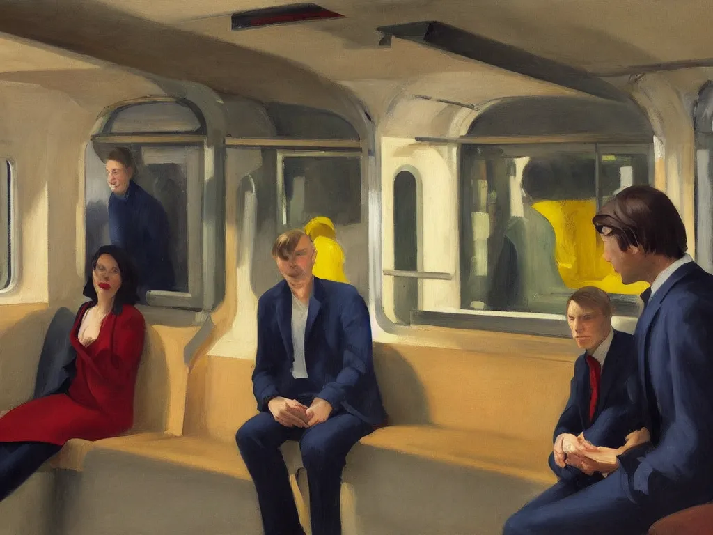 Image similar to an oil painting by Edward Hopper, 3/4 low angle view wide shot of two people sitting in an empty Chicago subway train, in front of windows: a sad Aubrey Plaza in a parka and a friendly Mads Mikkelsen in a suit