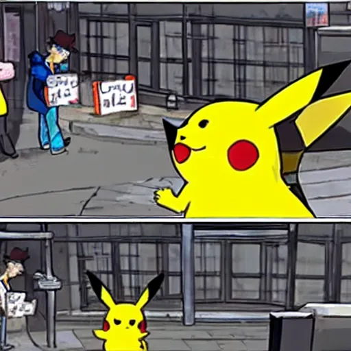 Prompt: CCTV footage of pikachu buying drugs from a random dude in a hoodie in an alley