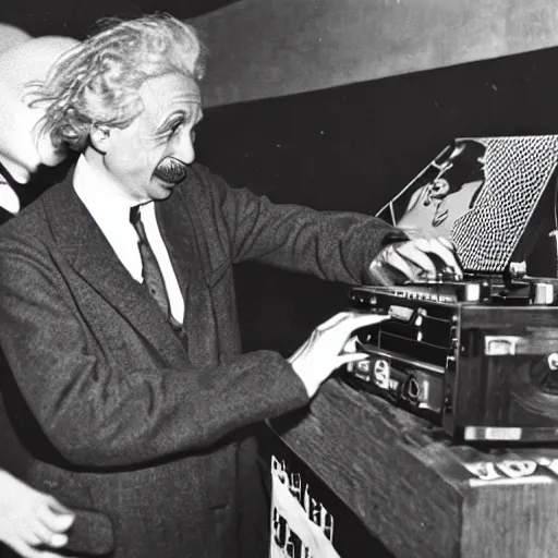 Image similar to photo of Albert Einstein DJing a record player at a nightclub, vintage, highly detailed facial features, at a nightclub