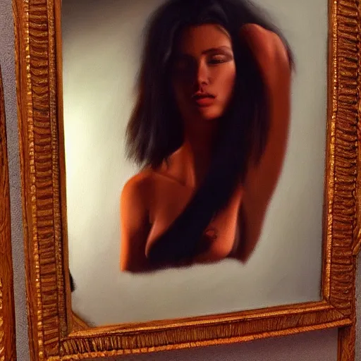 Image similar to hyperrealism oil painting of a sensual fashion model looking in mirror