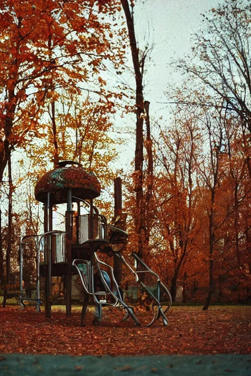 Image similar to a lomographic photo of abandoned playground of moscow, autumn, cinestill, bokeh