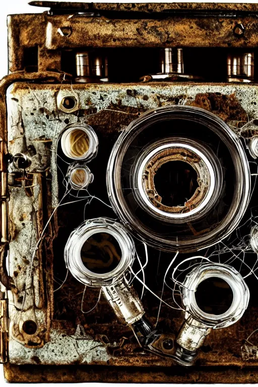 Image similar to A photo of a very old opened camera with vacuum tubes, film, capacitors and coils inside by Annie Lebovitz, Laura Letinsky and Steve McCurry, grungy, weathered Ultra detailed, hyper realistic, 4k