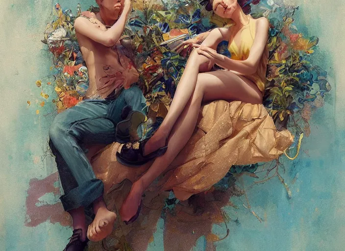 Prompt: beautiful fantasy painting of a chill day in summer, by Kenne Gregoire, James Jean, Tran Nguyen, WLOP, Jakub Rebelka. trending on Artstation, 8k, masterpiece, graffiti paint, fine detail, full of color, intricate detail, golden ratio illustration