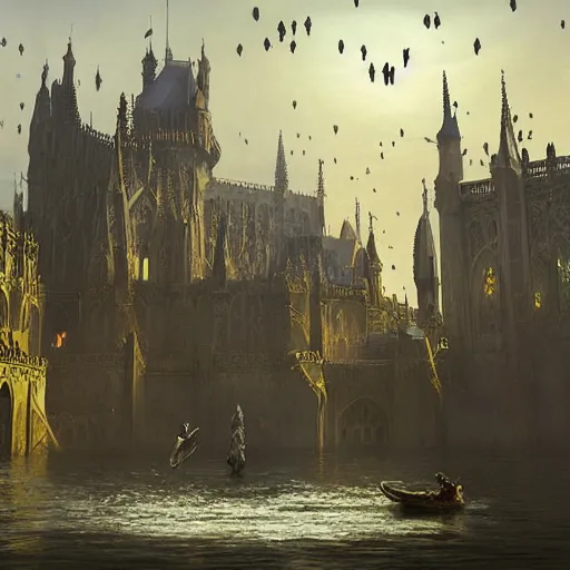 Prompt: floating flying castle with gothic architecture and swarms of tiny black specks, by Greg Rutkowski and Raphael Lacoste, detailed, volumetric lighting, dusk