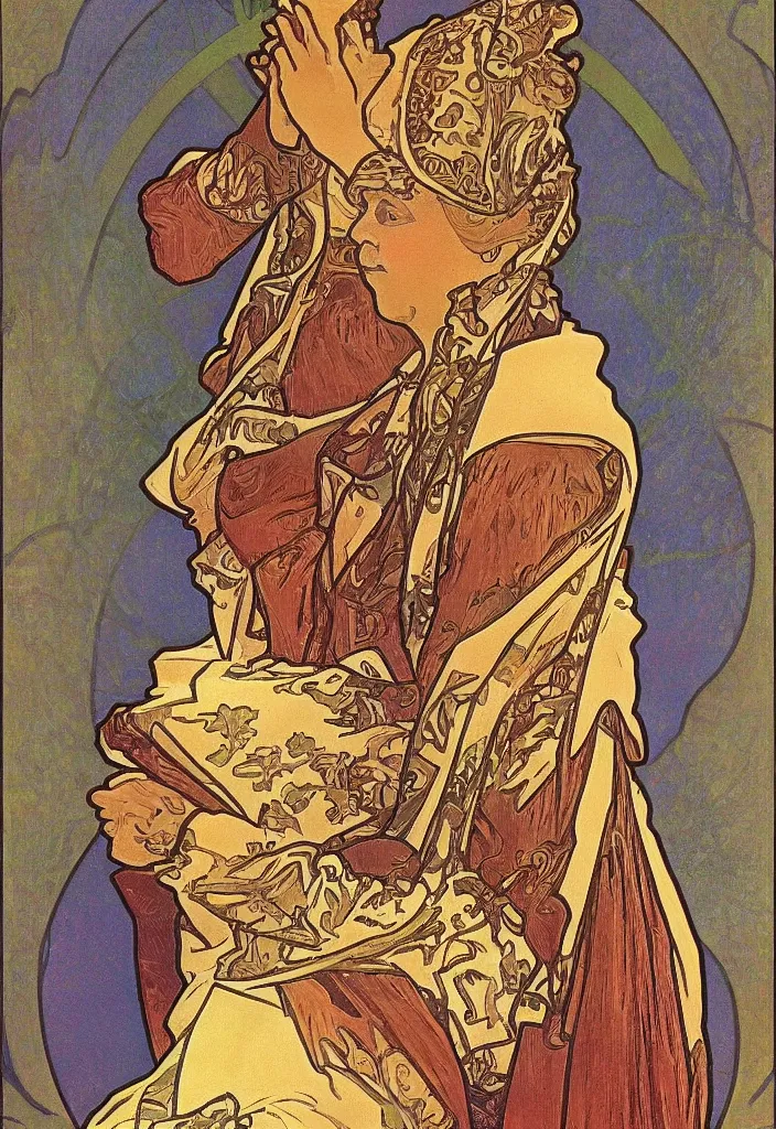 Image similar to realistic geoffrey hinton in a crown on a tarot card, tarot in art style by alphonse mucha