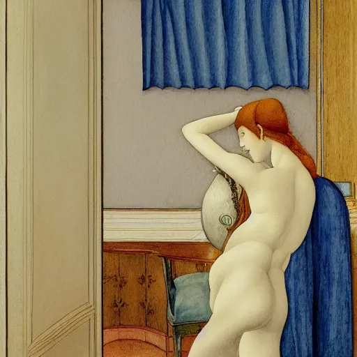 Image similar to a lonely girl in a liminal hotel room, watercolor by botticelli, limited color palette, very intricate, art nouveau, highly detailed, lights by hopper, soft pastel colors, minimalist