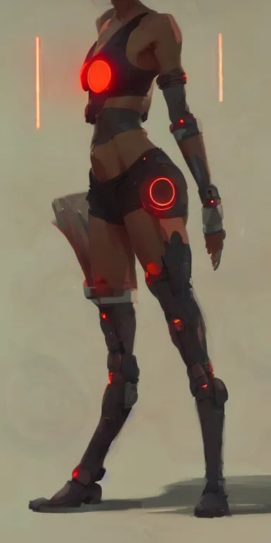 Image similar to concept art of young cute cyborg woman with red bob cut with curvaceous body wearing shorts and bikini illustration illustration concept art by wlop and greg rutkowski and studio ghibli and kyoto animation