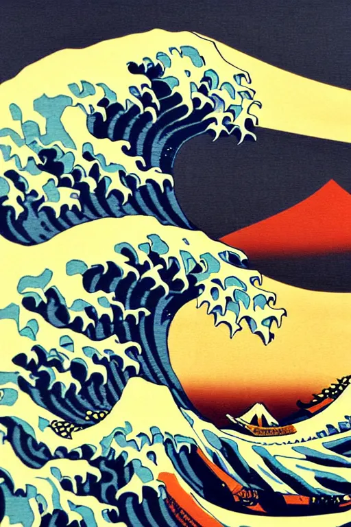 Image similar to Shepard Fairey The Great Wave off Kanagawa, sun in the background