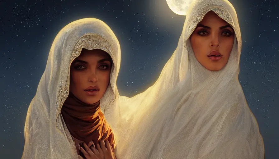 Image similar to Portrait of very very very very very very beautiful Arab woman wearing a Niqab, glowing magical eyes, energy trails, under giant full moon in the desert, intricate, elegant, highly detailed, digital painting, artstation, concept art, smooth, sharp focus, illustration, art by artgerm and greg rutkowski and alphonse mucha