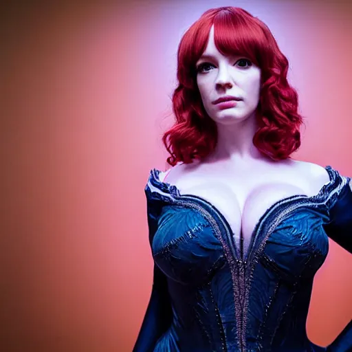 Prompt: symmetry!! christina hendricks!!! full frontal body photography of christina hendricks in cosplay, blushing, perfect facial symmetry, dim volumetric cinematic lighting, 8 k, post - processing, extremely hyper - detailed, intricate, epic composition, masterpiece, stunning,