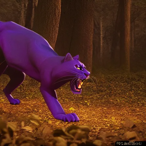 Image similar to a purple panther roaring at the moon in a forest during the night, large moon in the center. trending on artstation. cinematic. photoreal. dark colors. night.