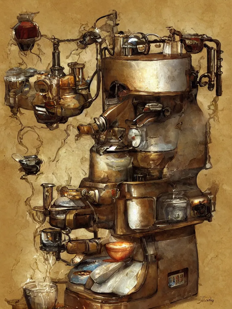 Prompt: ancient coffee machine, by Simon Stalenhaag, by Yoshita Amano, by Esao Andrews, sharp focus, fresh colors, deviantart, conceptart