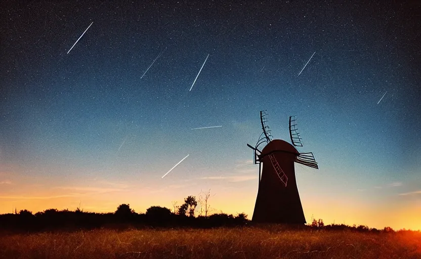 Image similar to “ sunset windmill with meteor shower in the background, cinematic, award winning ”