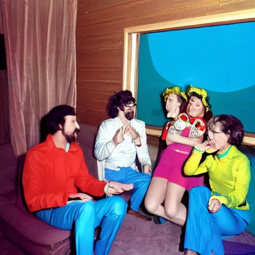 Prompt: first-person perspective view of three people wearing discowear having a party inside of a 1970s luxury cabin with a soviet computer console on the wall, ektachrome photograph, f8 aperture