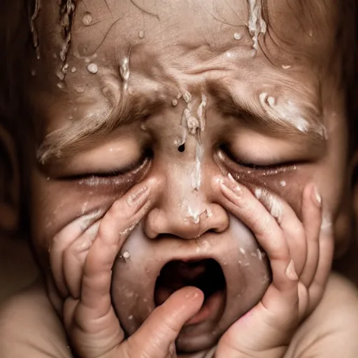 Prompt: portrait photography of crying child with tears in eyes by annie leibovitz, deep emotions, perfect facial symmetry, dim volumetric cinematic lighting, 8 k, post - processing, extremely hyper - detailed, intricate, epic composition, masterpiece, stunning,