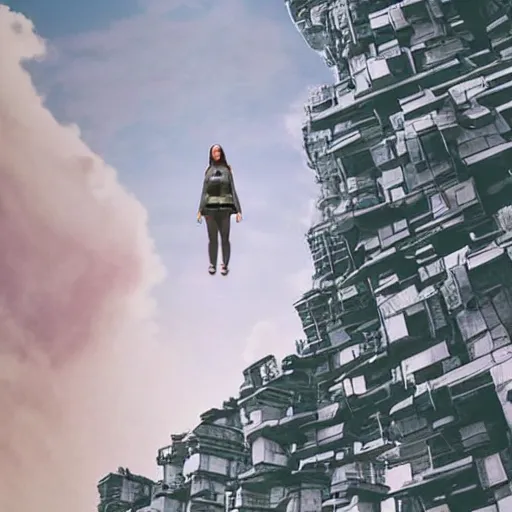 Image similar to a woman up there, sci - fi, town, on fire, giant, photoshop, colossal, creative and cool, photo manipulation, low angle