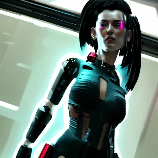 Prompt: An epic comic hyperrealistic 3/4 body shot portrait illustration of a cyber warrrior girl wearing futuristic wardrobe, black and reddis, ultradetailed face expression trending on artstation and artbreeder, cyberpunk 2077 color, heavy rainning at tokyo night, neon light rooftop, unreal 5, DAZ, 8k, unreal 5 engine render, cosplay, RPG portrait, final fantasy Vll world concept, dramatic lighting, rim lights, PS5 render quality