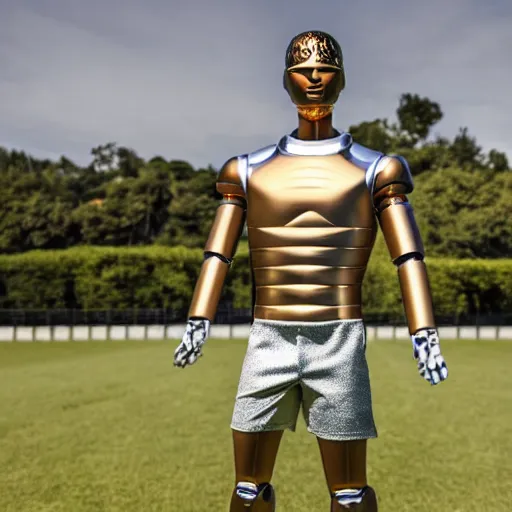 Image similar to a realistic detailed photo of a guy who is an attractive humanoid who is half robot and half humanoid, who is a male android, soccer player cristiano ronaldo, shiny skin, posing like a statue, blank stare, by the pool, on display, showing off his muscles, humanoid robot, gold soccer shorts