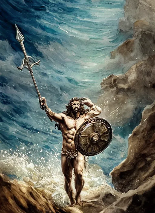 Prompt: Poseidon with crown and trident rising from the ocean, watercolor, dramatic lighting, cinematic, establishing shot, extremly high detail, foto realistic, cinematic lighting, pen and ink, intricate line drawings, by Yoshitaka Amano, Ruan Jia, Kentaro Miura, Artgerm, post processed, concept art, artstation, matte painting, style by eddie mendoza, raphael lacoste, alex ross