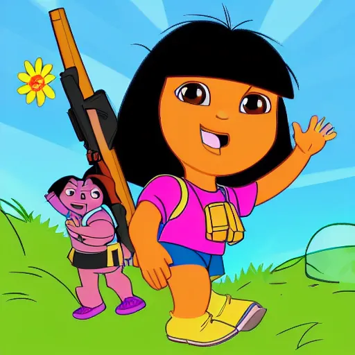 Prompt: dora the explorer hunting animals with a rifle