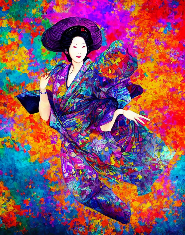 Image similar to semi semi realistic digital painting!! beautiful geisha flying over a colorful train yard, dramatic, xray melting colors!! long lens, shallow depth of field, bokeh, 8 k, 3 5 mm film grain
