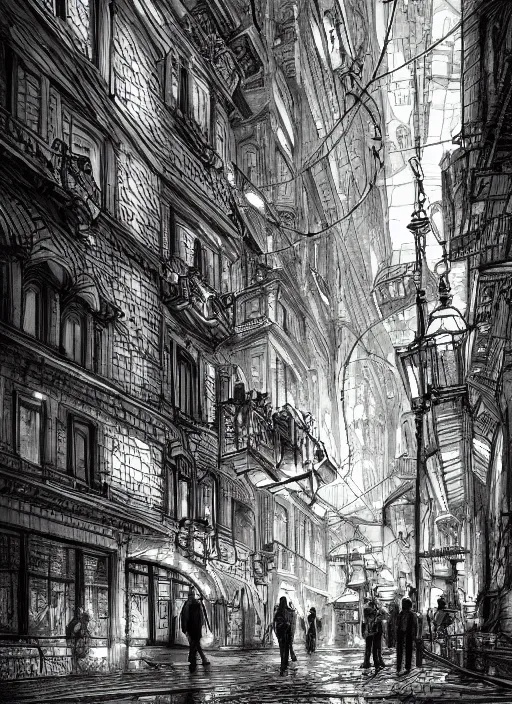 Image similar to Budapest , Dynamic lighting, cinematic, extremely high detail, photo realistic, cinematic lighting, pen and ink, intricate line drawings, post processed, artstation, matte painting, style by Paru Itagaki