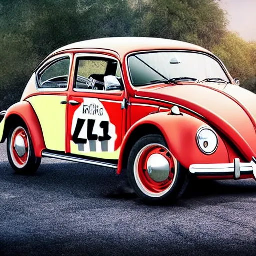 Image similar to promotion movie still of a ( volkswagen beatle ) car is a hybrid of an insect lady bug. the hybrid is racing down a dusty back road. cinematic, 4 k, imax, 7 0 mm