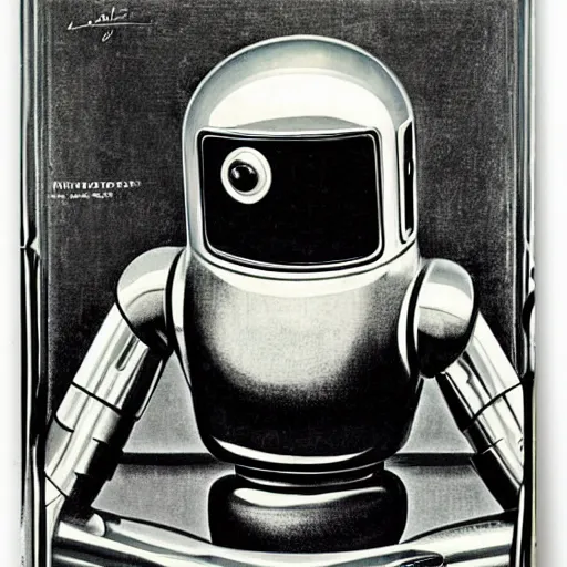 Prompt: Chrome robot, reflective silver chrome android,Android, 1950s, drawn by Norman Rockwell