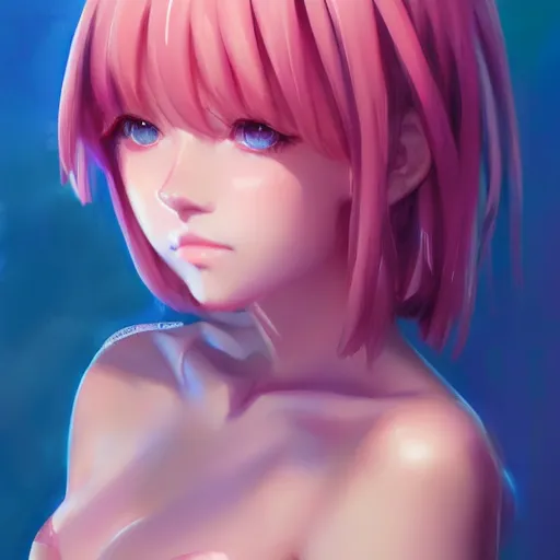 Image similar to anime portrait of a girl, bikini, short pink hair, azure blue eyes, full body, cute, detailed, by Stanley Artgerm Lau, WLOP, Rossdraws, James Jean, Andrei Riabovitchev, Marc Simonetti, and Sakimichan, trending on artstation