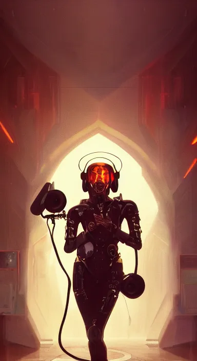 Image similar to full length portrait of a catholic cyborg saint djing with headphones on, cinematic background, high detail, digital art, 4 k, painted by greg rutkowski and asher brown durand, trending on artstation