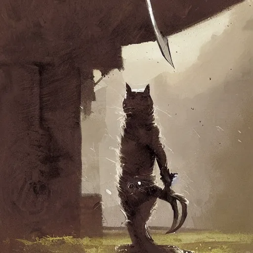 Image similar to a cat holding a sword by jakub rozalski