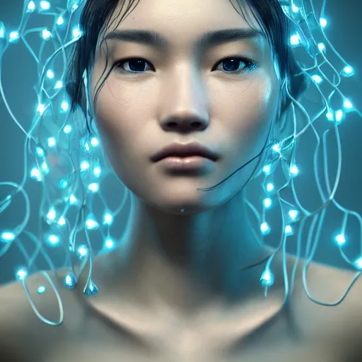 Image similar to intricate highly detailed face portrait of asian - european woman, light blue water vines on her face, intricate, cgsociety, unreal engine, octane render, sharp focus, smooth, volumetric lighting, cinematic composition, artstation