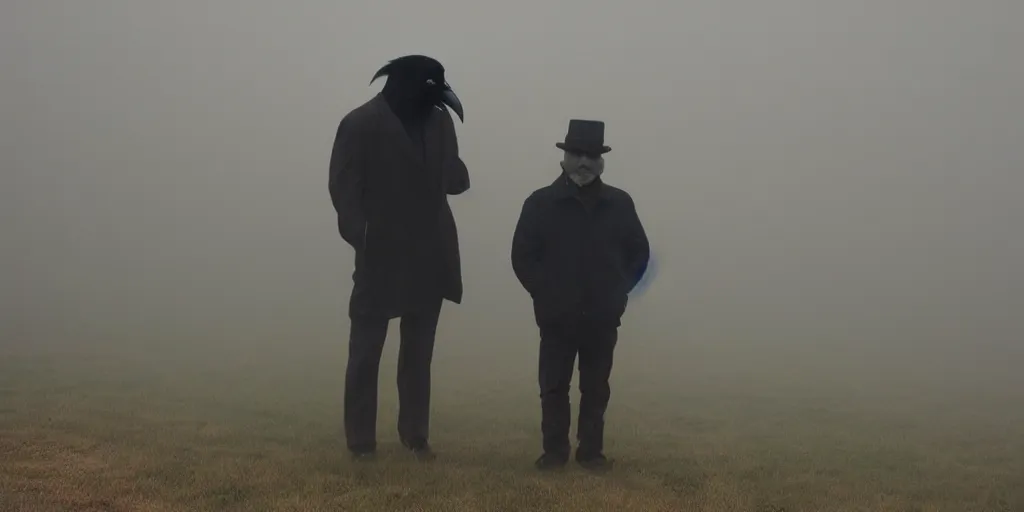 Prompt: a man with a raven instead of a head standing in the mist, fog, scary