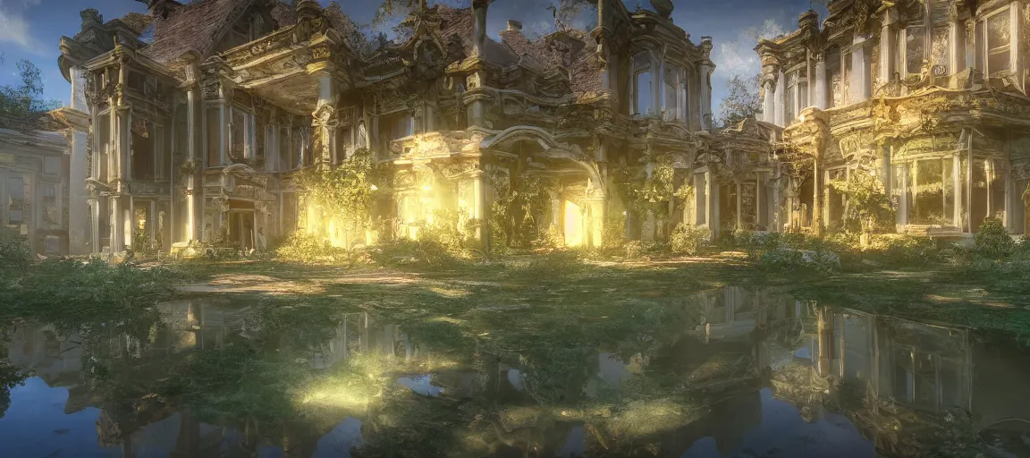 Prompt: an abandoned mansion on a humongous luminescent crystal biome by pixar, smooth, cinematic, wet reflections, ray tracing x, rtx, smooth